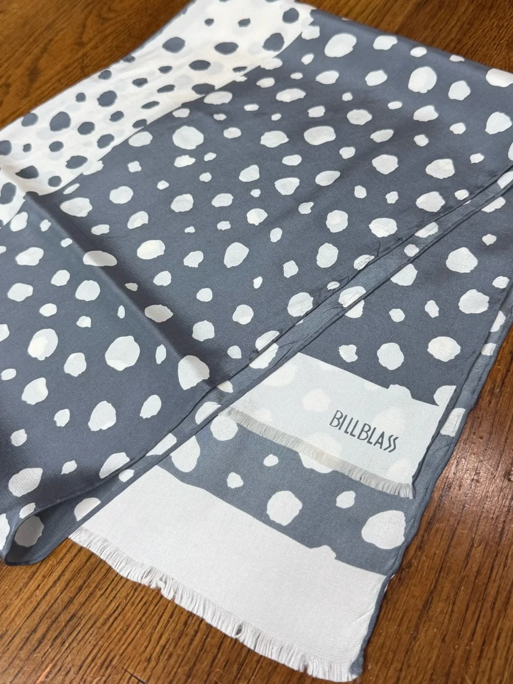 Vintage Bill Blass Gray Ivory Spotted Silk Scarf 80s Polka Dot Abstract Grey